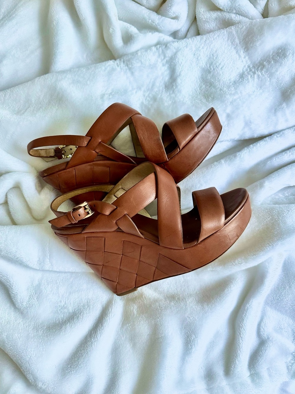 Michael Kors Tan Leather Wedge Sandals with Braided Platform